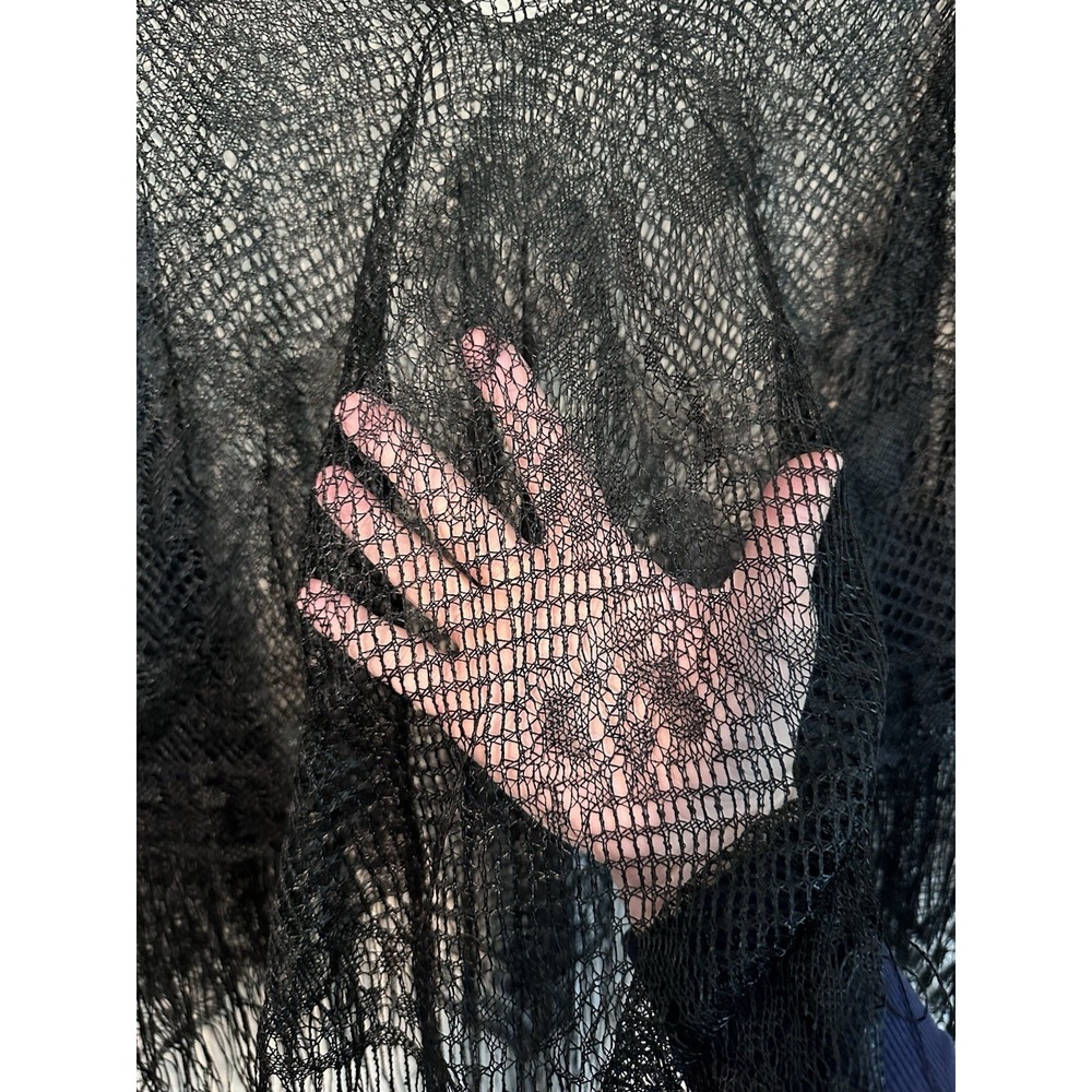Black Lace Fringe Kimono Cover Up ONE SIZE Boho Sheer Floral Poncho Shawl Top - Picture 15 of 16